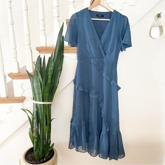 Lulus Split Sleeve Next To You Slate Blue Swiss Dot Ruffled Midi Dress Size M - Picture 2 of 11